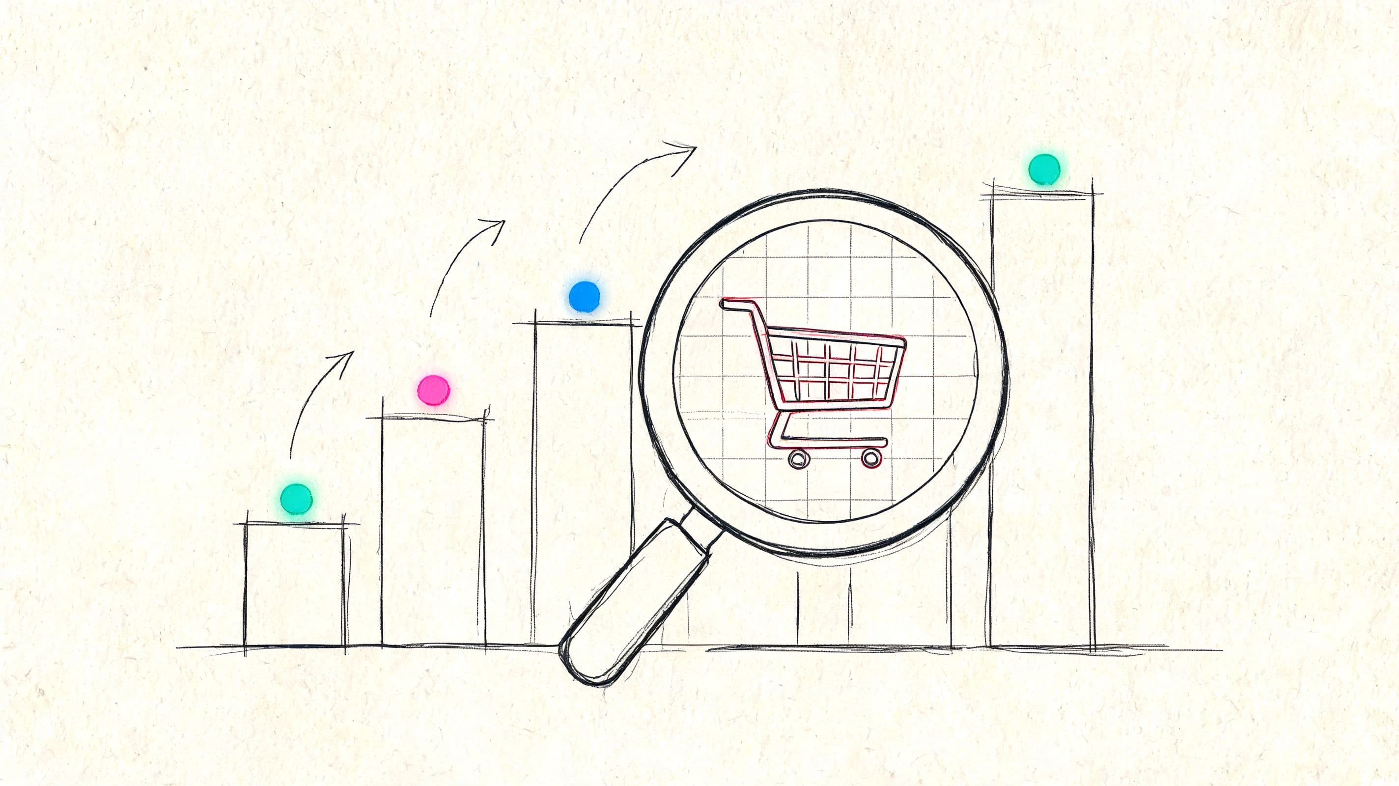A pencil sketch of a bar chart increasing in height with a magnifying glass showing a shopping cart.