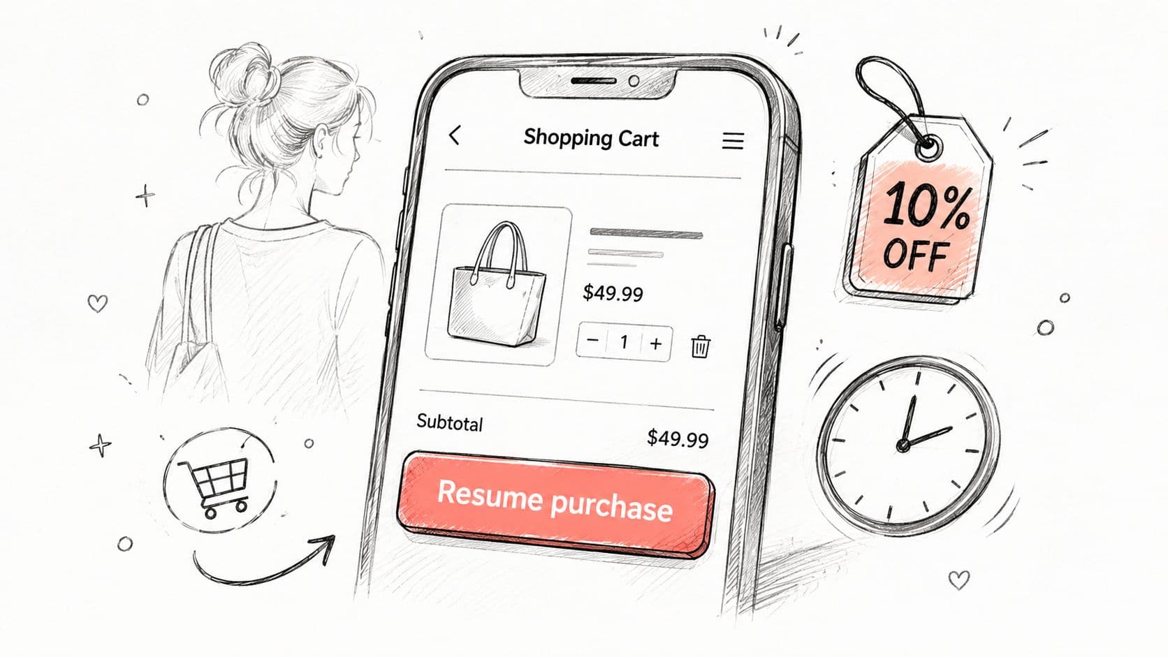 A pencil-style illustration of a mobile app shopping cart screen with a handbag and checkout button.