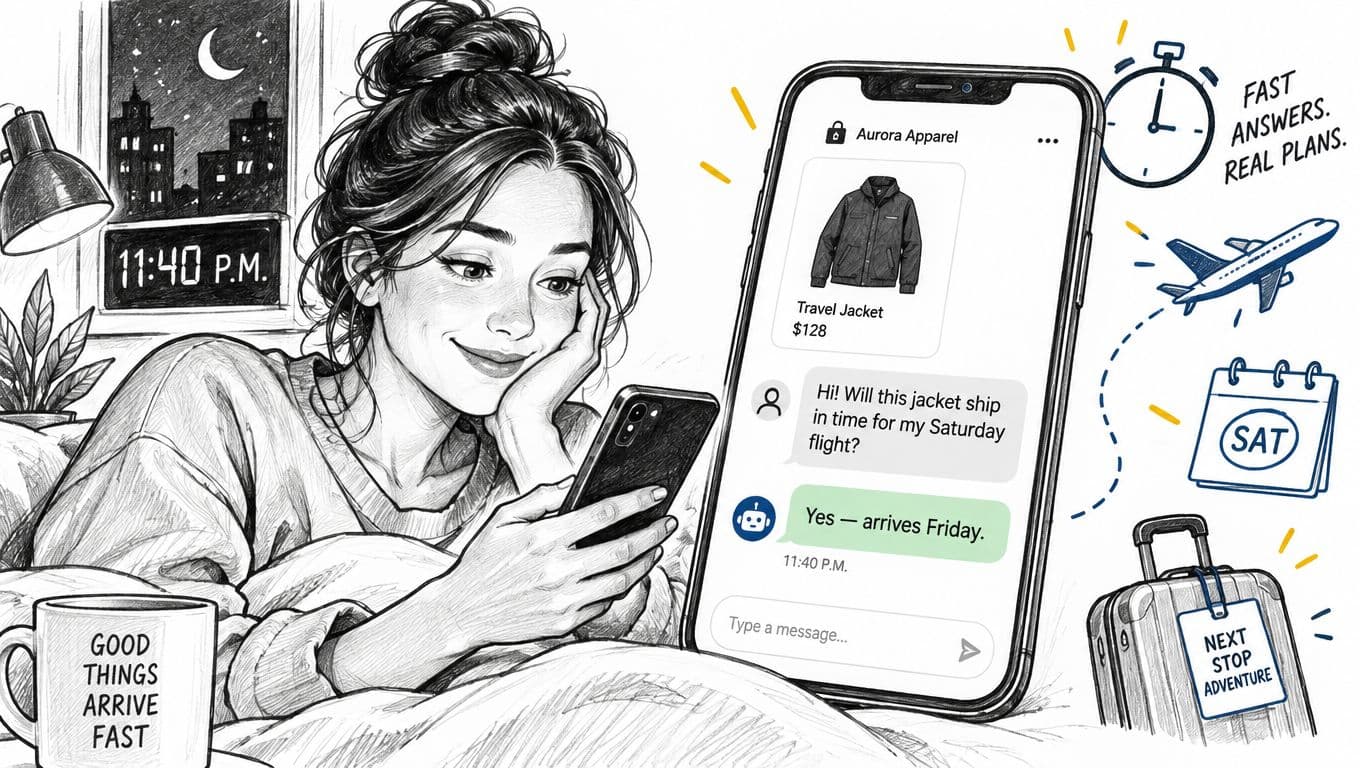 A woman in bed chatting with an Aurora Apparel customer service chatbot about a travel jacket purchase.