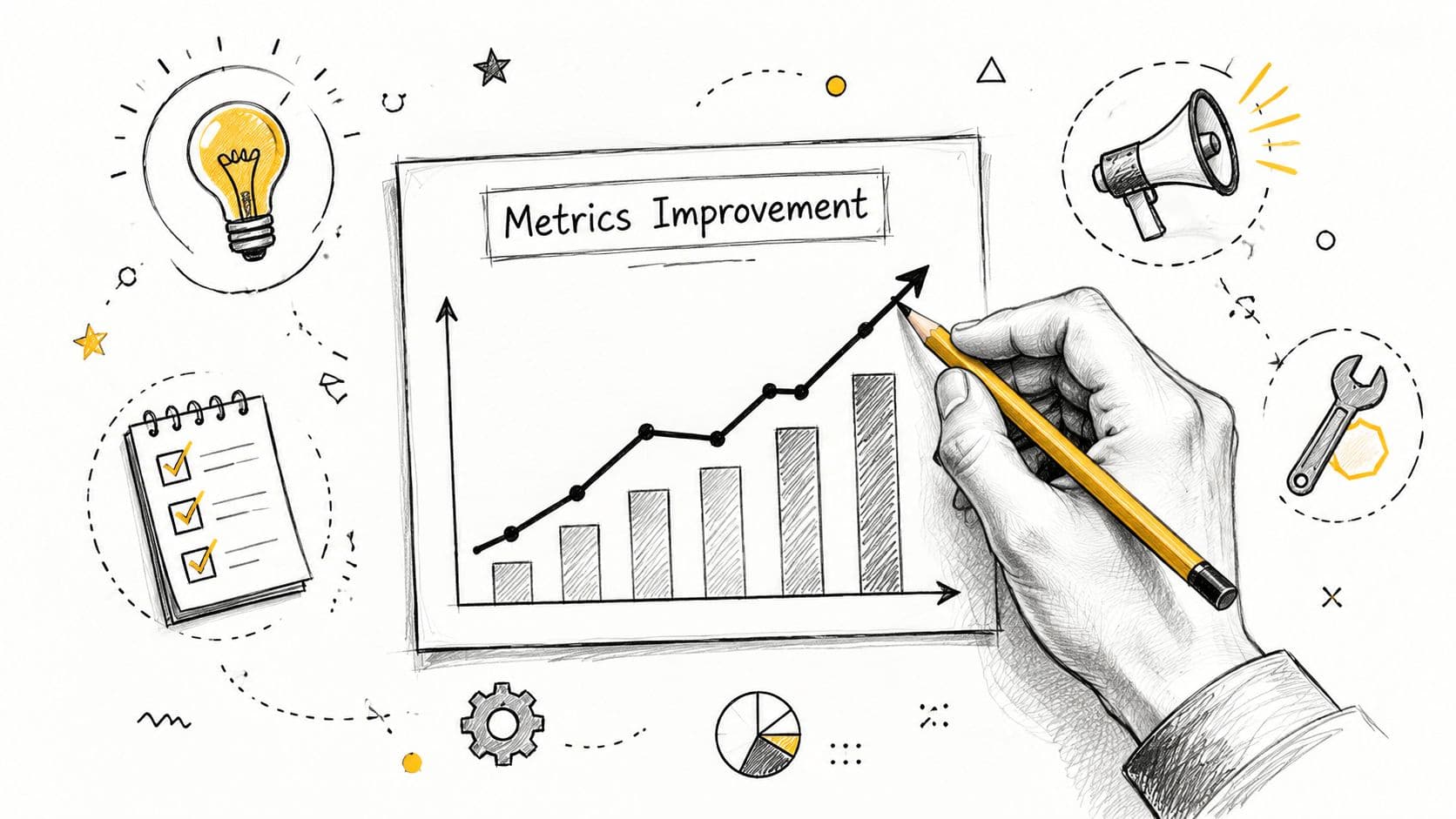 A hand drawing a rising graph titled Metrics Improvement on a paper surrounded by business icons.