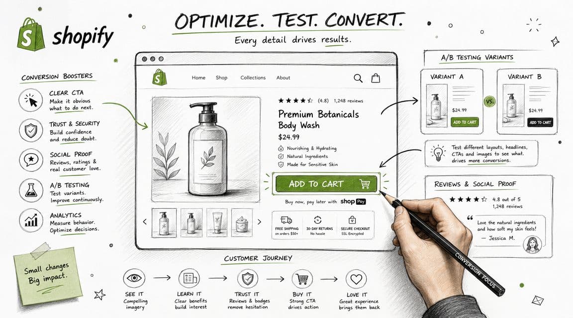 A hand-drawn illustration depicting conversion optimization strategies for a Shopify e-commerce product page.