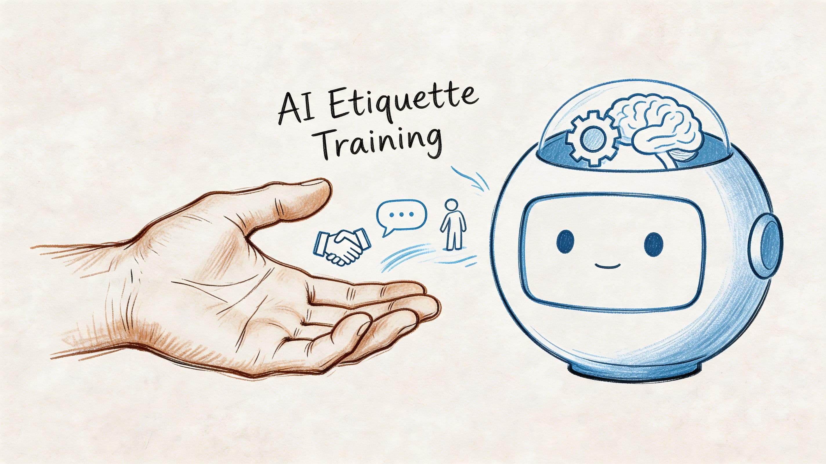 A hand reaching out to a cute robot featuring symbols of a handshake and human communication.