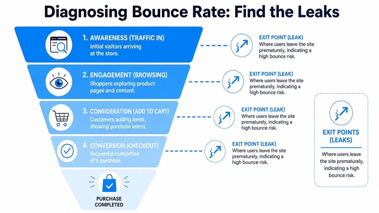 A marketing funnel illustration showing how to identify bounce rate leaks at every stage of the funnel.