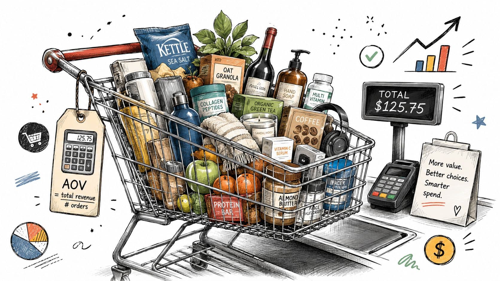 A shopping cart filled with groceries and items next to a checkout counter with an AOV formula tag.