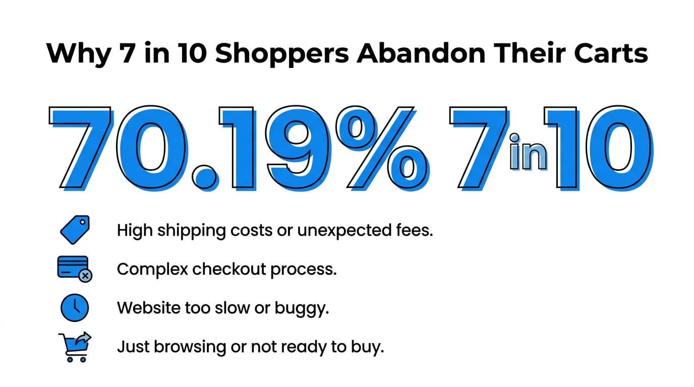 An infographic showing that 70.19% of shoppers abandon their online shopping carts for various reasons.