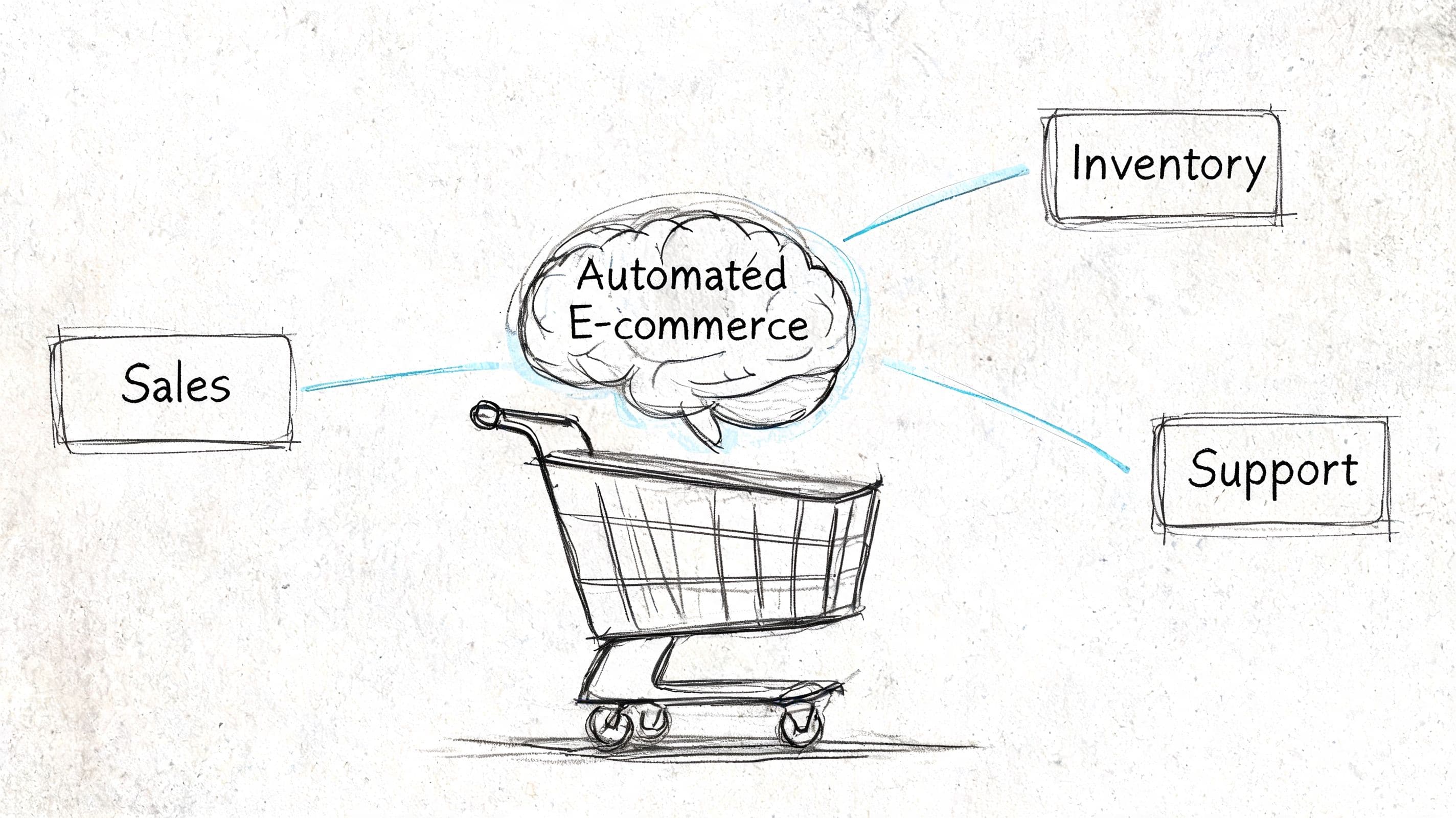 A hand-drawn illustration showing an e-commerce shopping cart connected to a brain labeled as automated e-commerce.