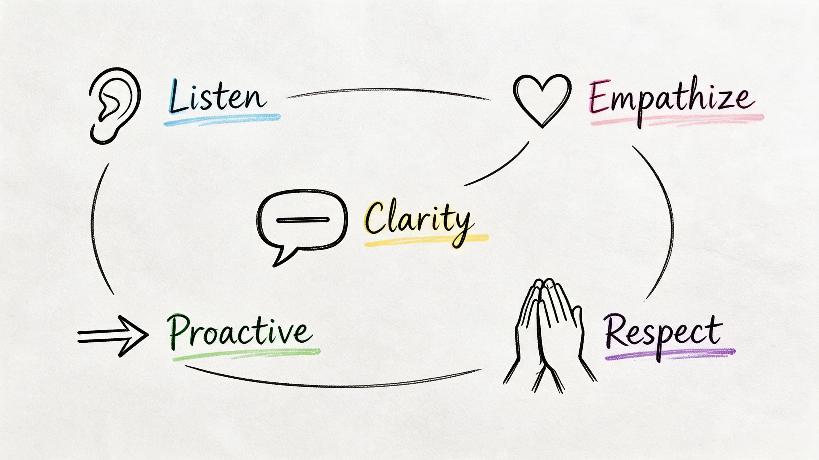 A hand-drawn diagram illustrating customer service etiquette concepts like Listen, Empathize, Respect, Proactive, and Clarity.