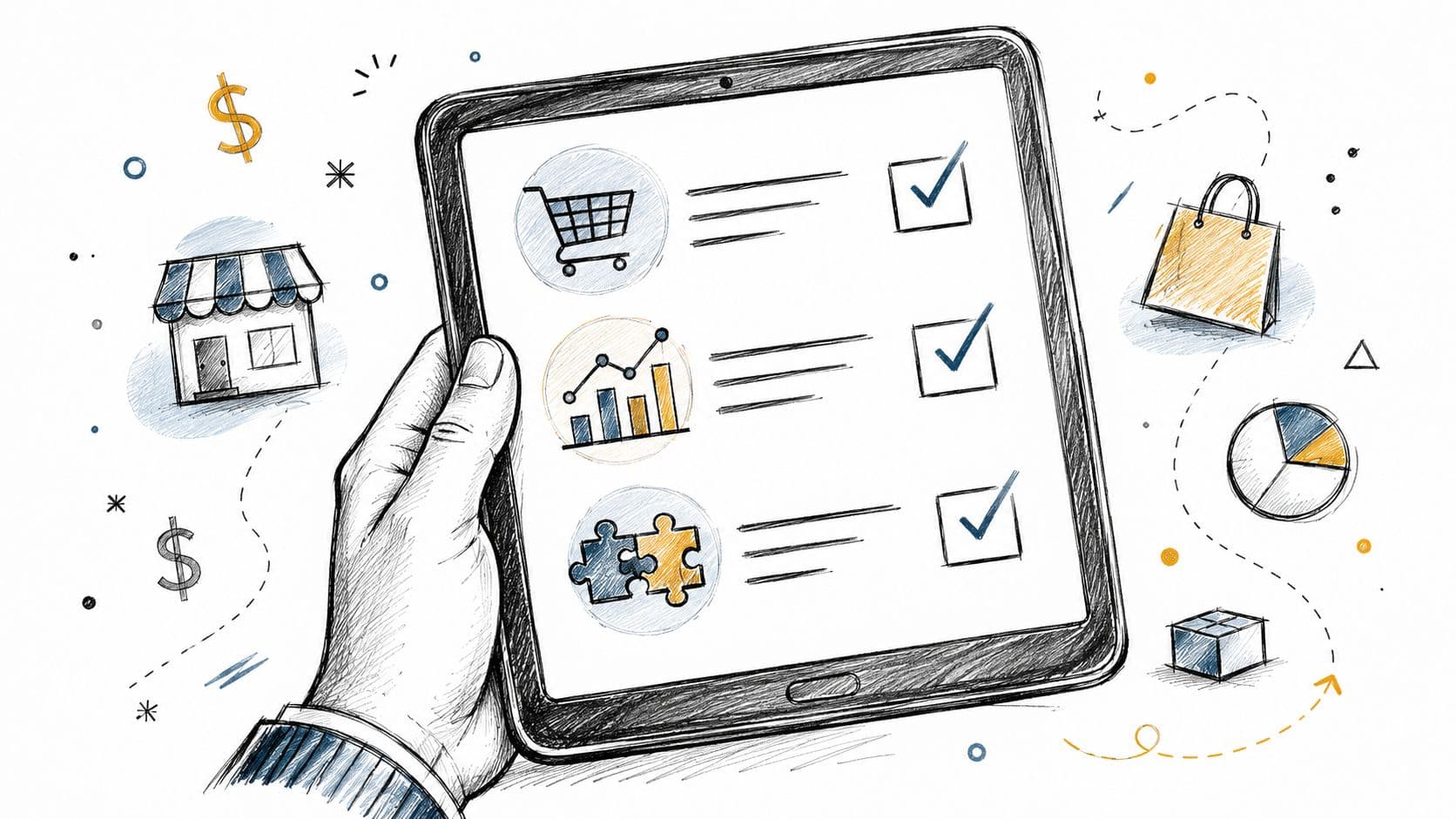 A hand holding a digital tablet displaying a checklist with shopping, analytics, and strategy icons.