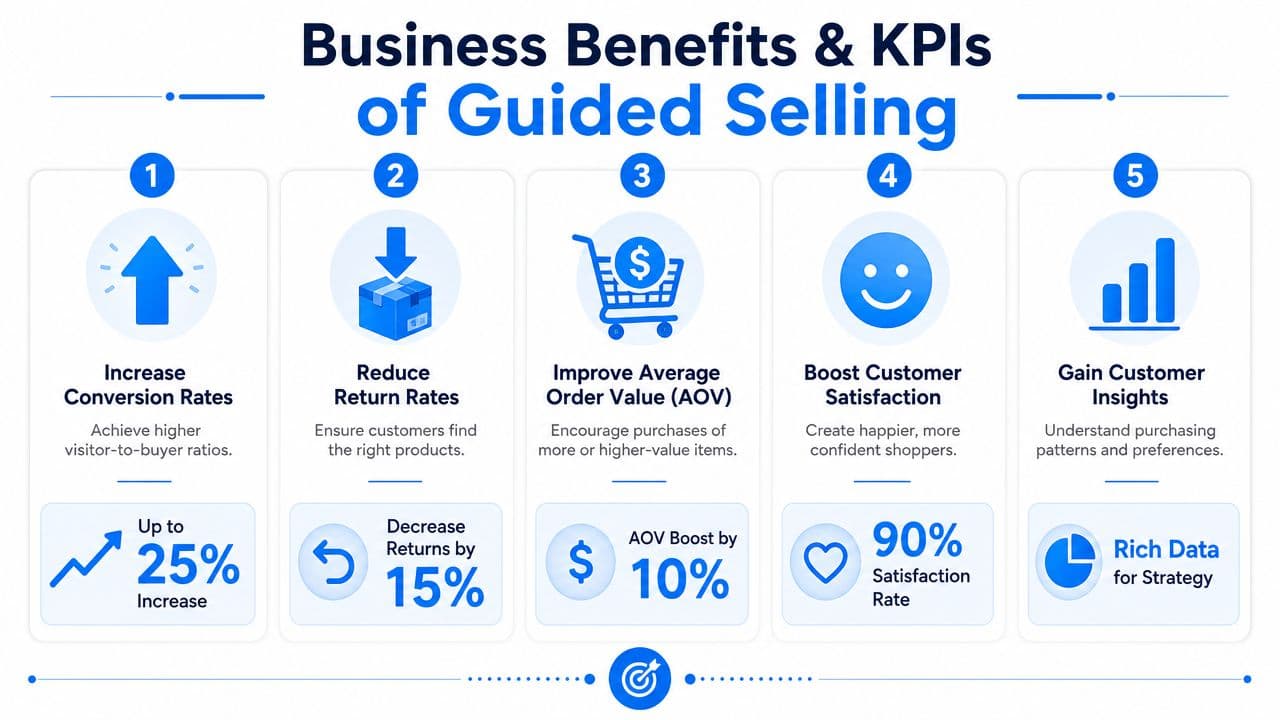 An infographic detailing five key business benefits and KPIs achieved by implementing a guided selling solution.