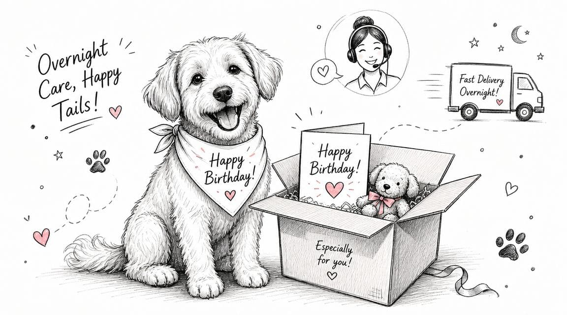 A happy puppy wearing a birthday bandana sits next to an open gift box with a card.