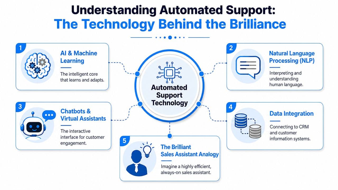 An infographic titled Understanding Automated Support explaining the core technologies behind modern automated customer service systems.