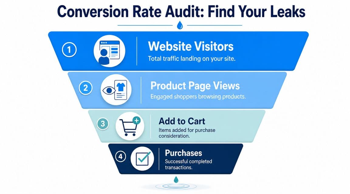 A conversion rate optimization funnel diagram visualizing the steps from website visitors to final product purchases.