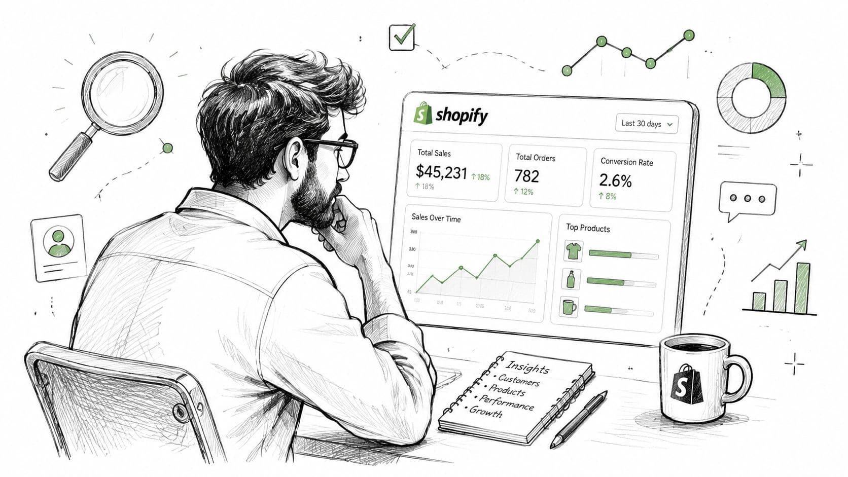 A digital sketch of an entrepreneur analyzing Shopify store analytics on a computer screen for business growth.