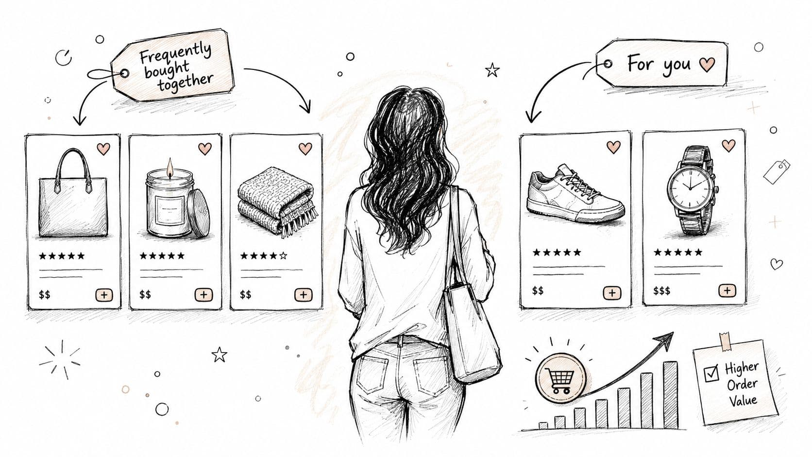 A conceptual illustration of a woman viewing personalized e-commerce shopping suggestions on digital screens to increase sales.