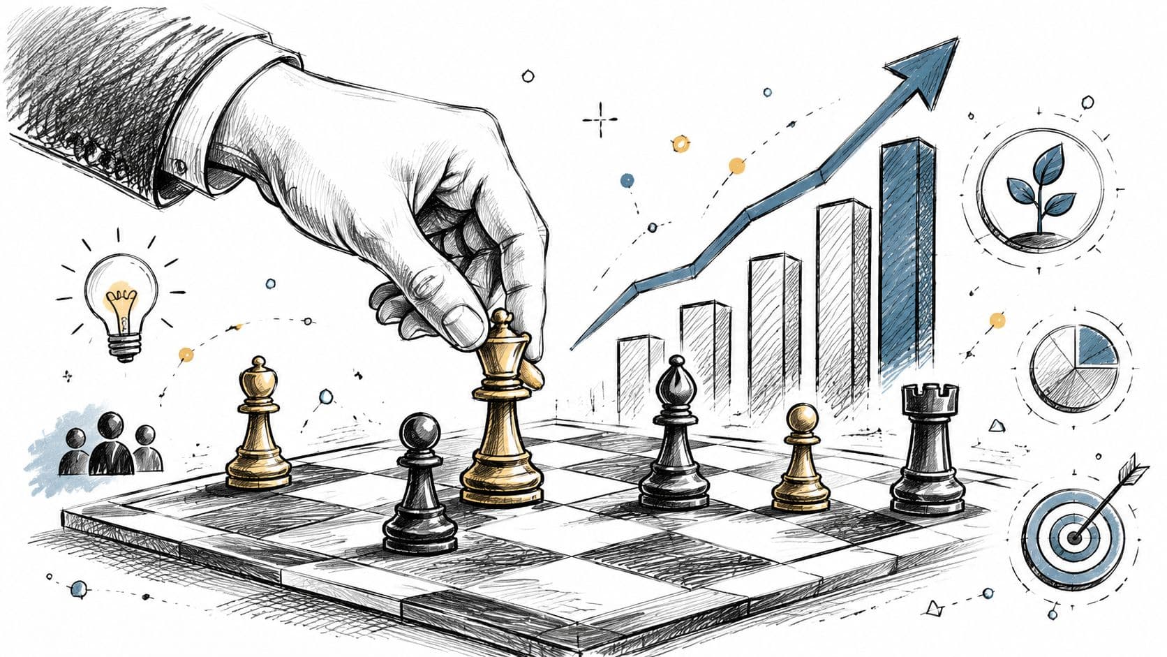 A hand moves a gold chess piece on a board with charts and icons representing business strategy.