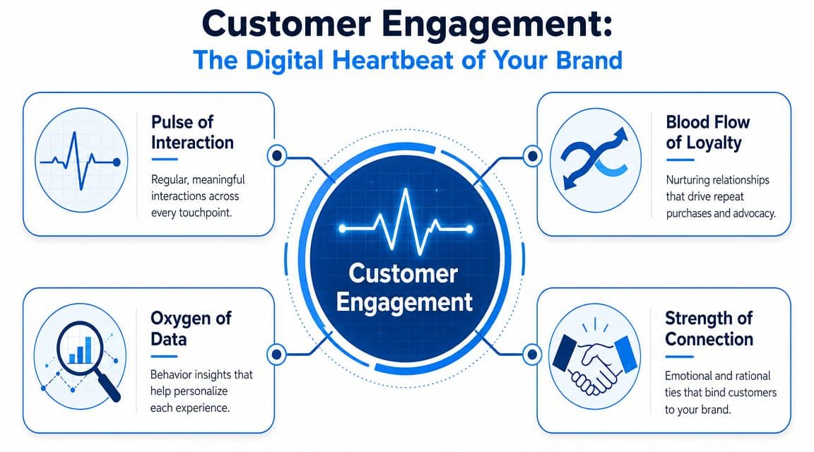 A diagram illustrating the four key components of customer engagement represented as a digital heartbeat.