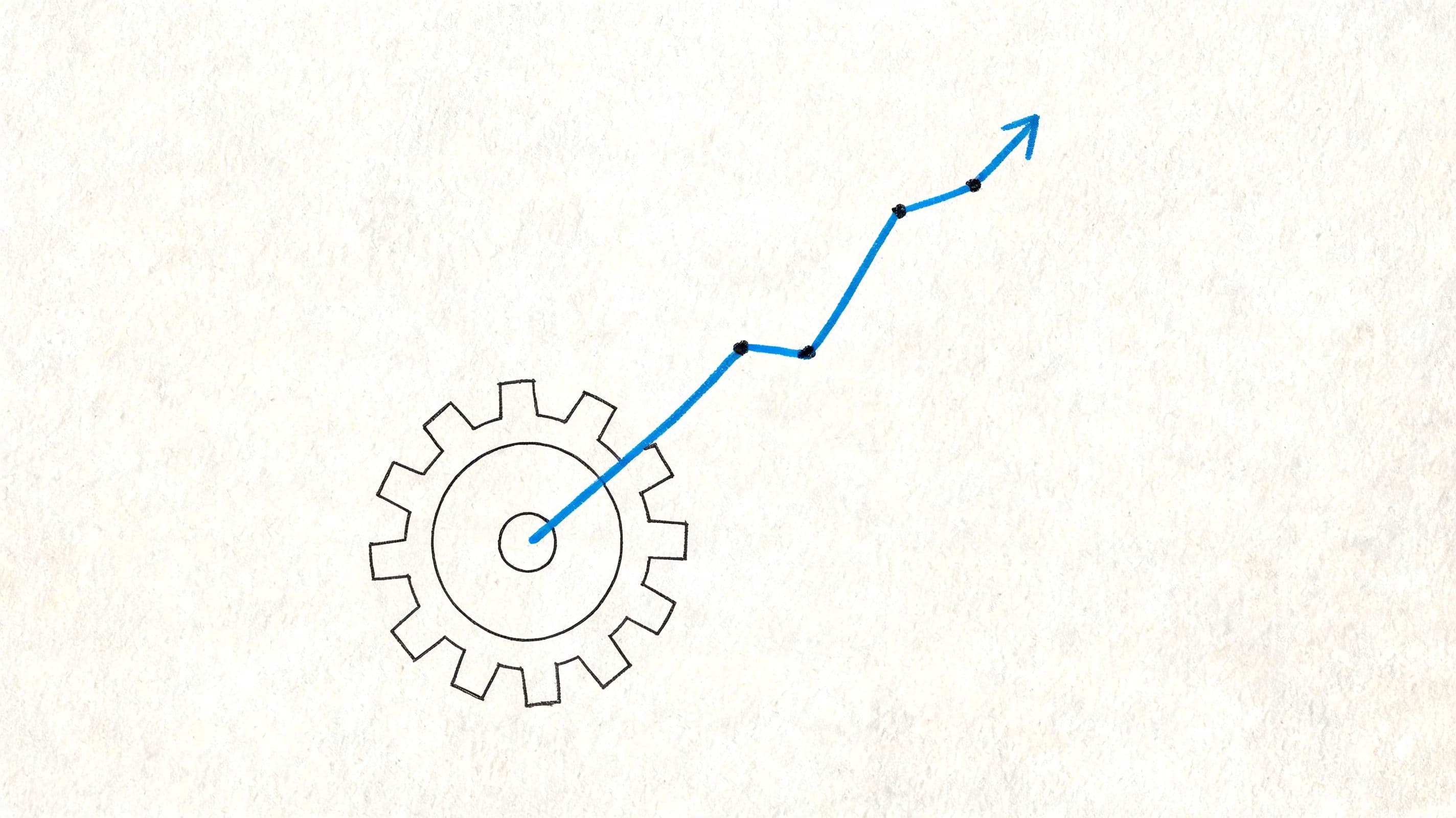 A hand-drawn illustration showing a mechanical gear connected to an upward trending arrow chart on paper.