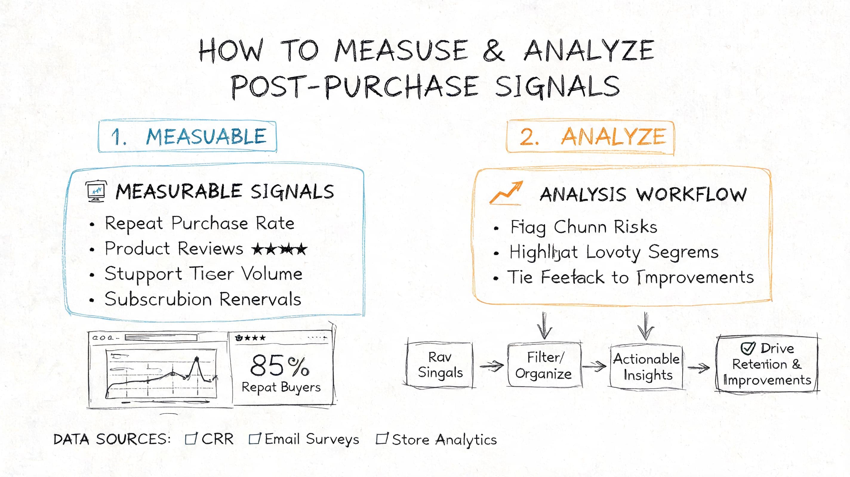 A hand-drawn flowchart illustrating the process of measuring and analyzing customer post-purchase signals for business growth.
