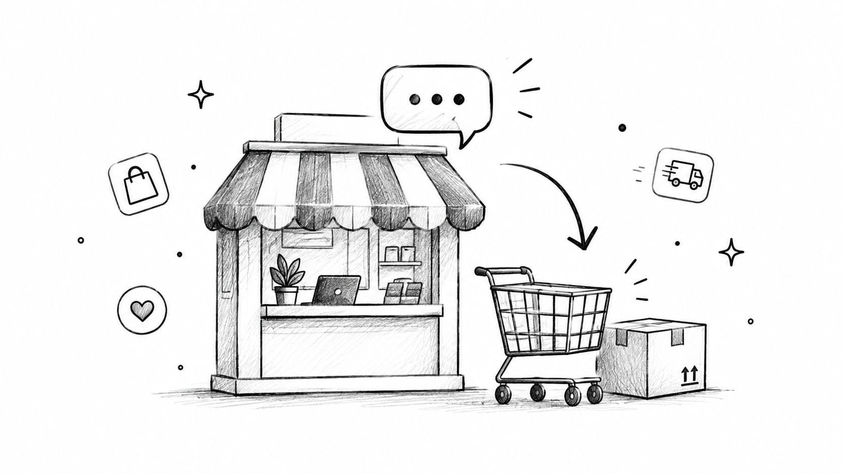 A pencil sketch of a small shop, a shopping cart, and a package, symbolizing online retail business.