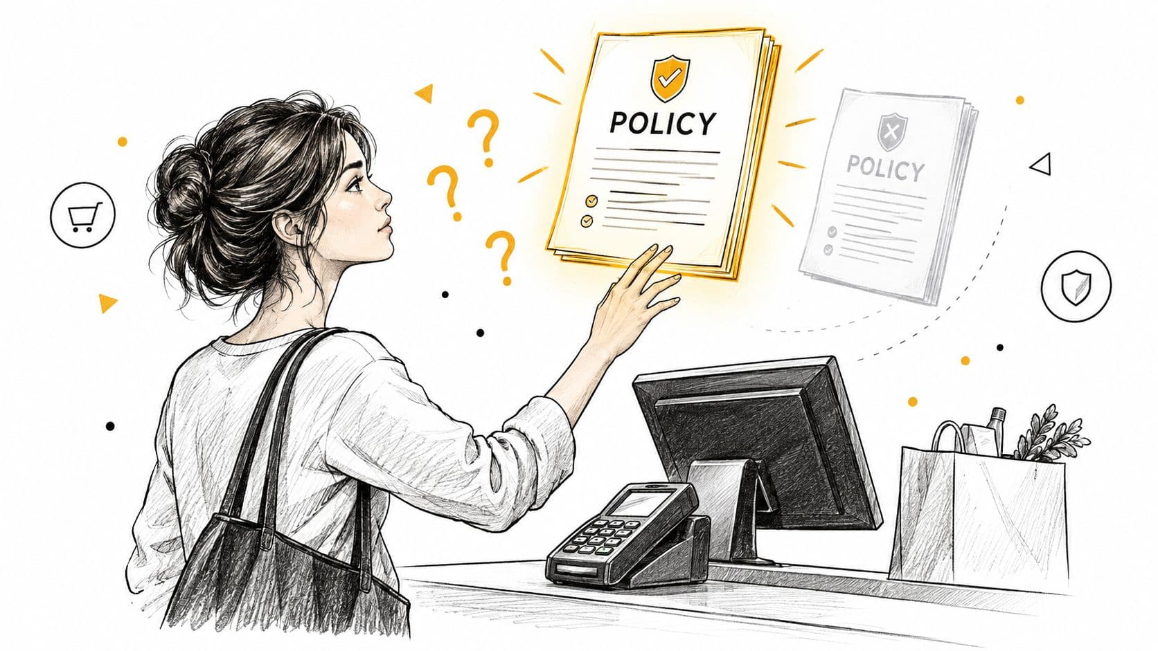 A shopper looking at store policies and purchase terms while standing at a retail checkout counter.