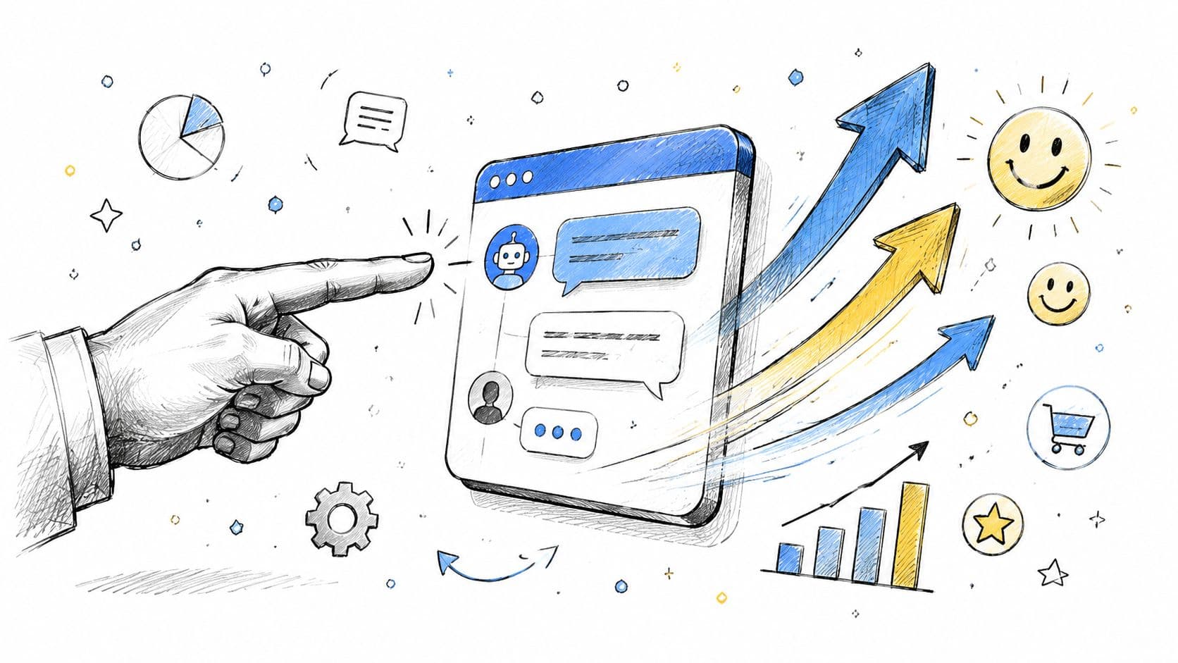 A hand points at a digital chat window, symbolizing automated customer support and business growth strategies.