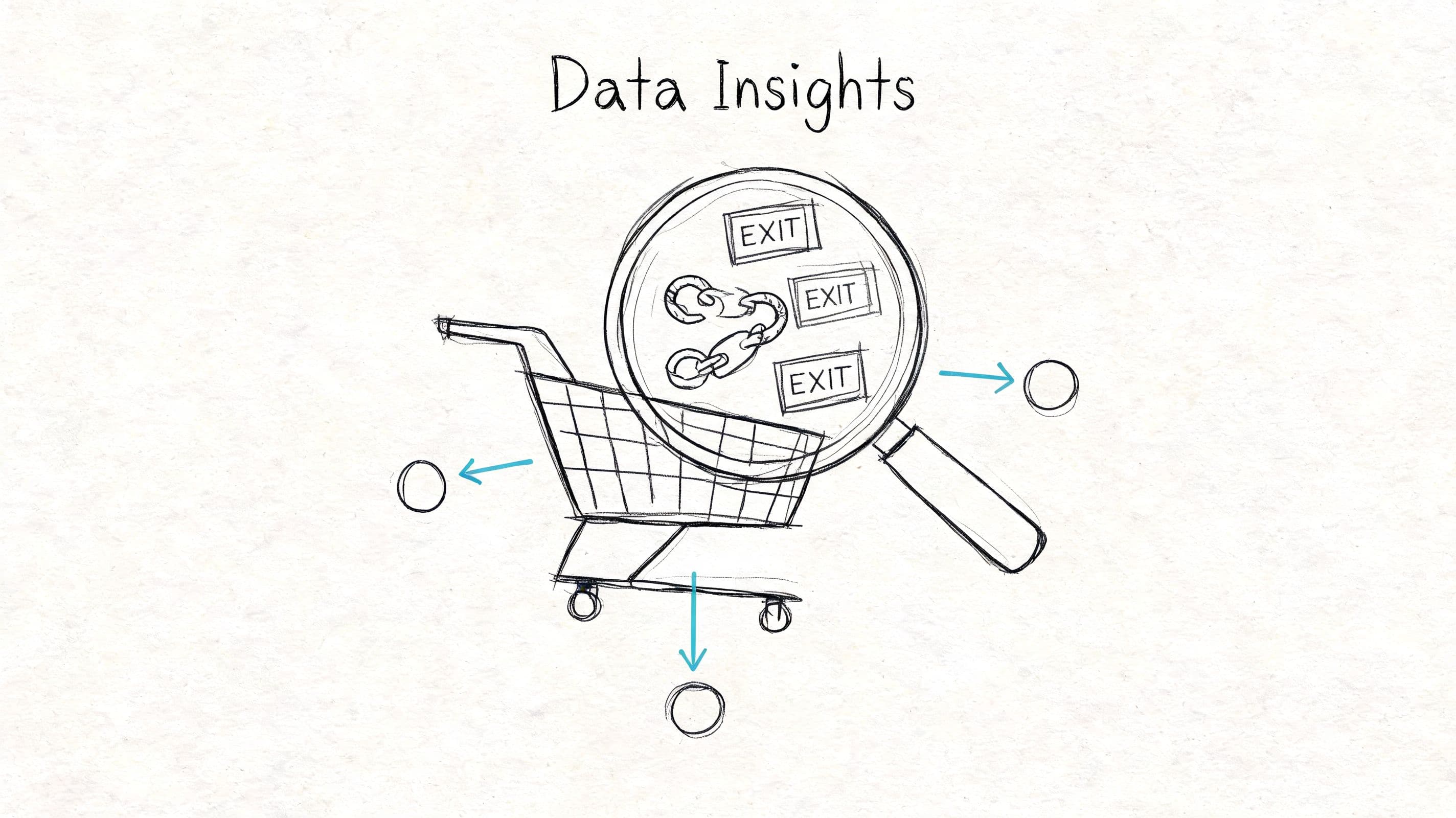 A hand-drawn sketch of a shopping cart being inspected by a magnifying glass depicting exit signs and chains.
