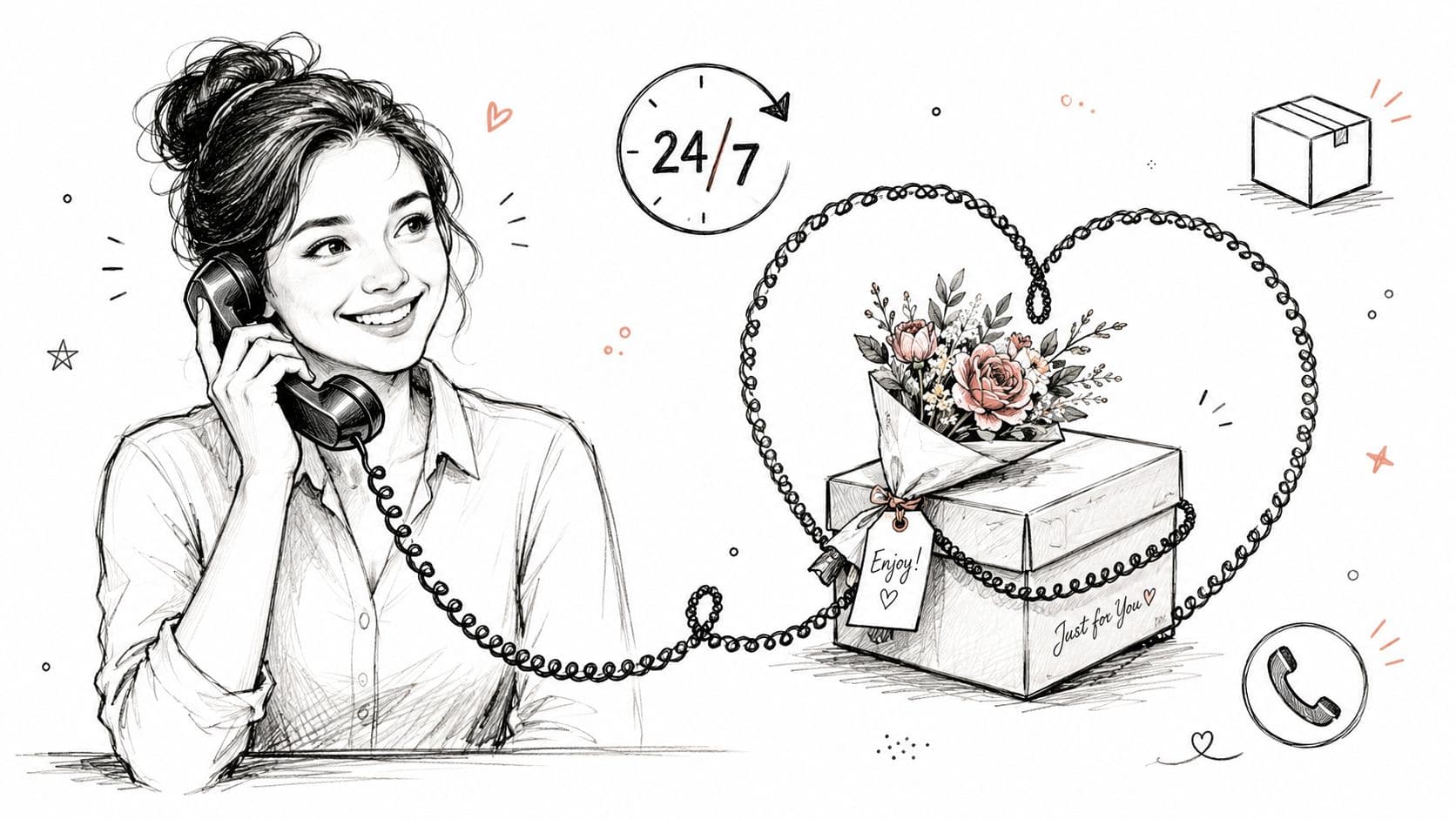 A hand-drawn illustration showing a smiling woman talking on the phone with a heart-shaped floral gift box.