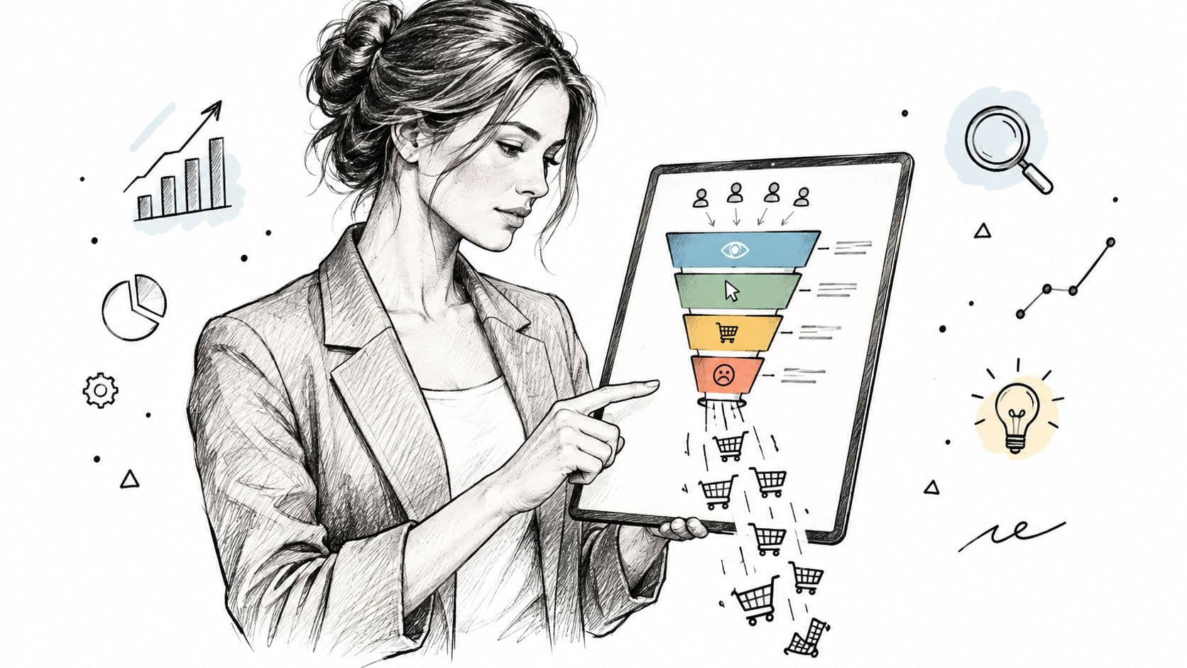 A professional woman pointing at a sales funnel diagram on a tablet showing abandoned shopping carts.