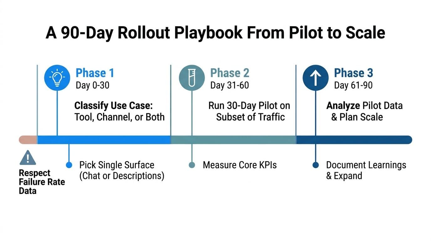 A 90-day rollout playbook infographic showing three phases for scaling pilot projects in an ecommerce setting.