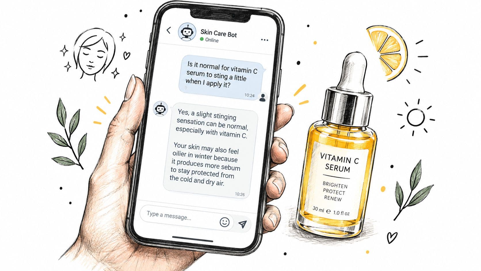 A hand holding a smartphone showing a skin care chatbot interface next to a vitamin C serum.