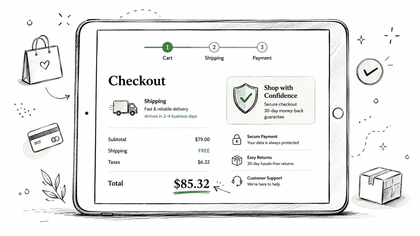 A digital illustration of a tablet screen displaying a clean, user-friendly e-commerce checkout page for online shopping.