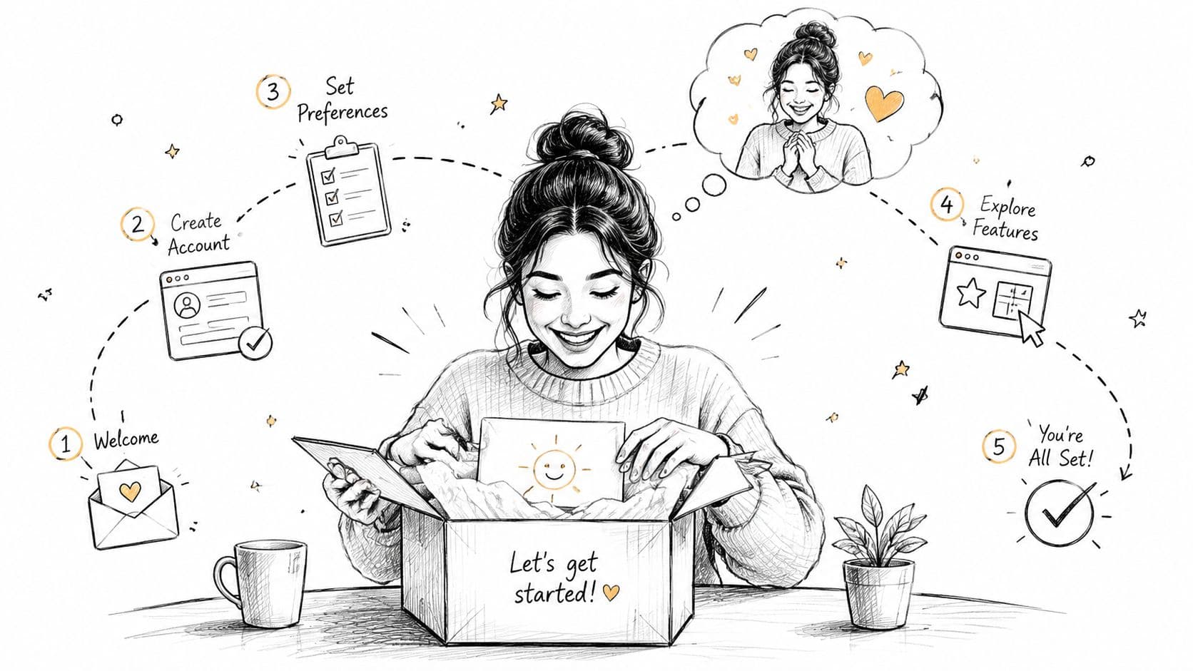 A pencil sketch of a woman opening a gift box with a five-step customer onboarding process illustration.
