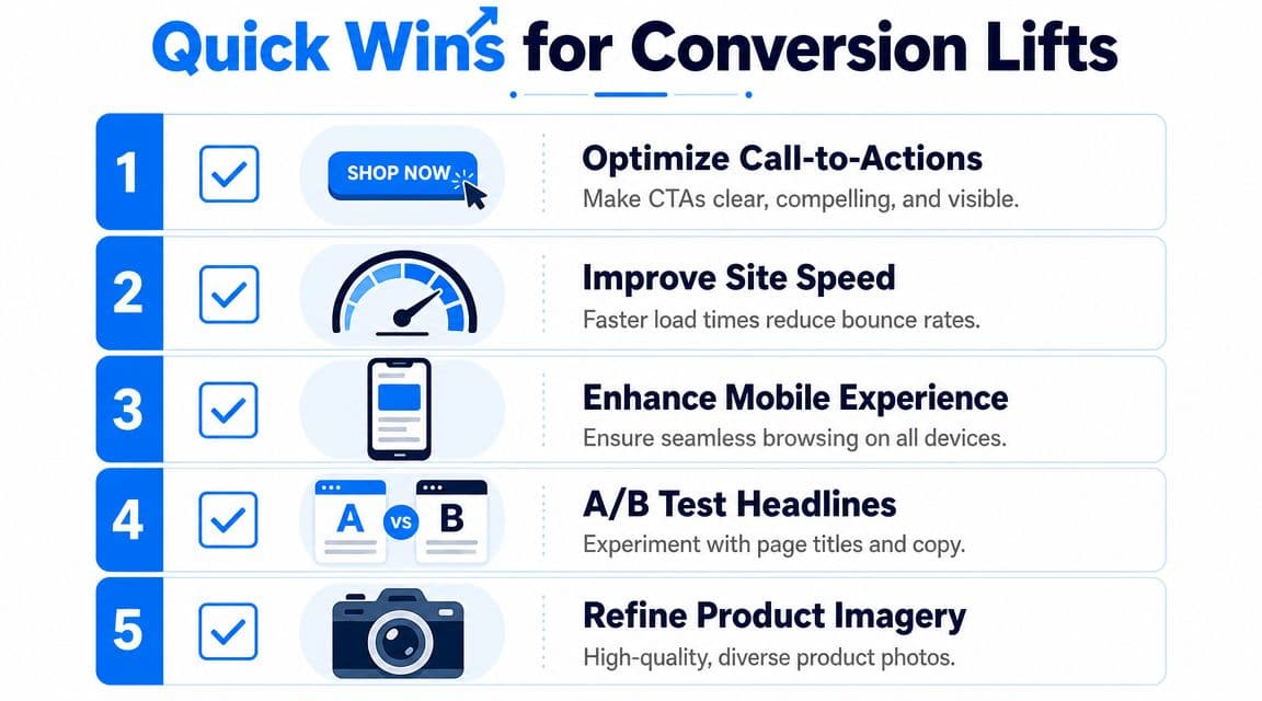 A numbered list showcasing five quick wins to improve ecommerce conversion rates including site speed and CTA optimization.