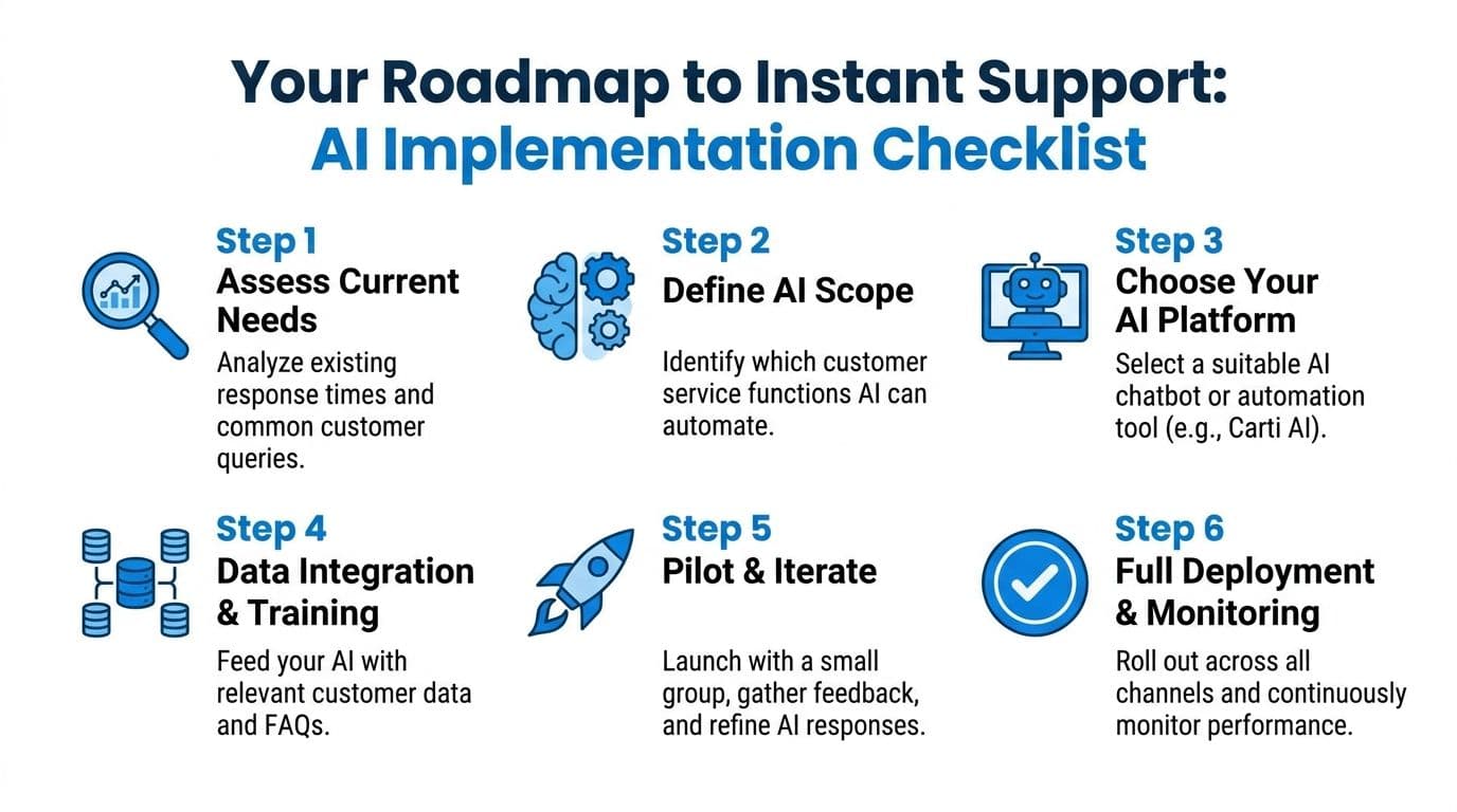 A six-step infographic checklist illustrating the roadmap for implementing AI in customer service operations.