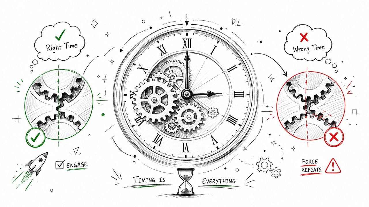 A hand-drawn illustration depicting clock gears and timing, symbolizing the importance of perfect synchronization in processes.