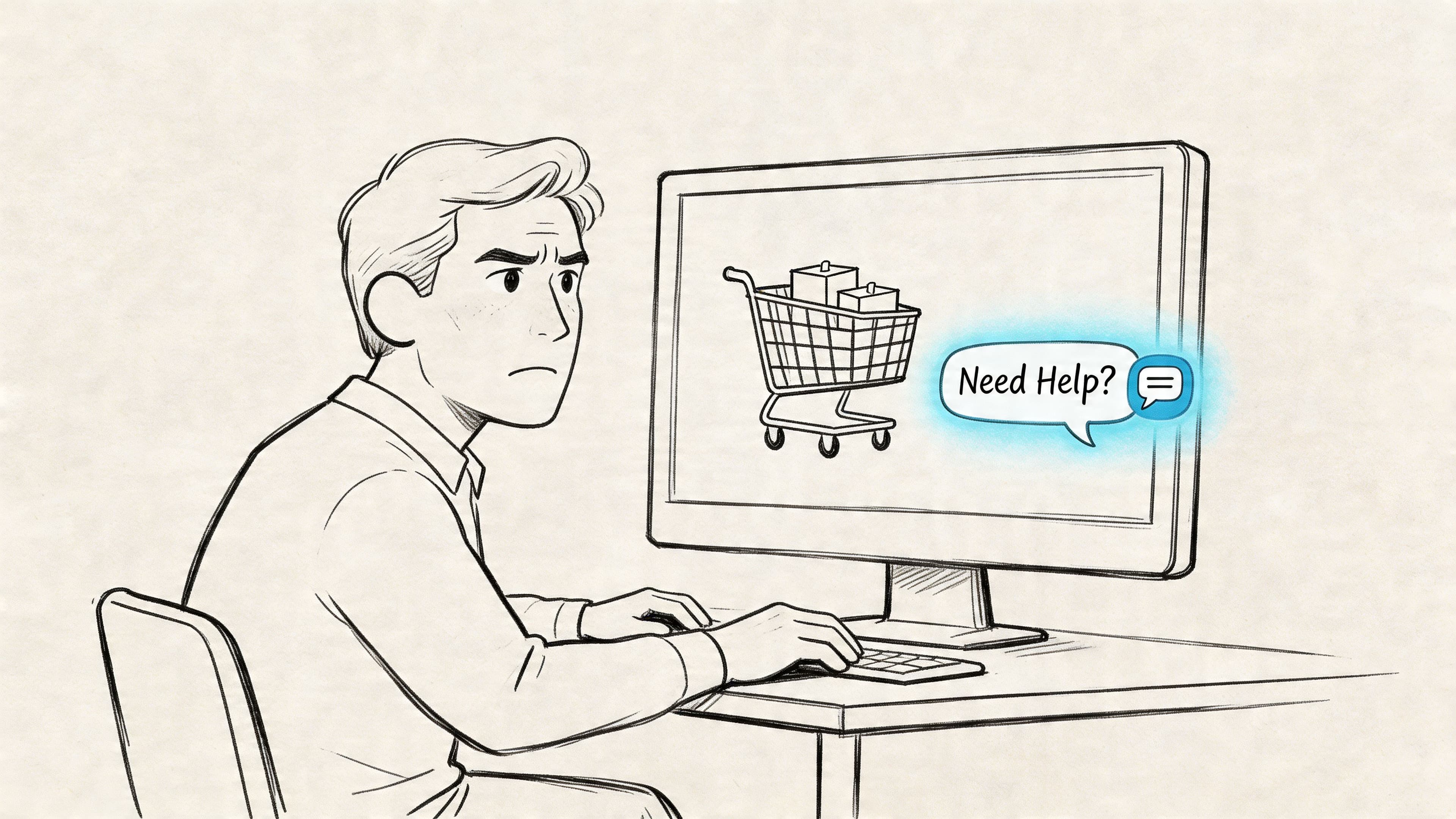 A concerned man sitting at a desk looking at a computer monitor with a shopping cart icon.