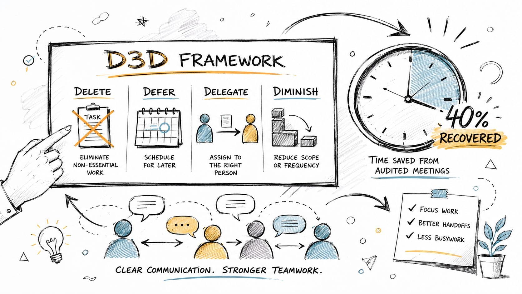 An infographic showing the D3D framework for team efficiency, focusing on task management and communication strategies.