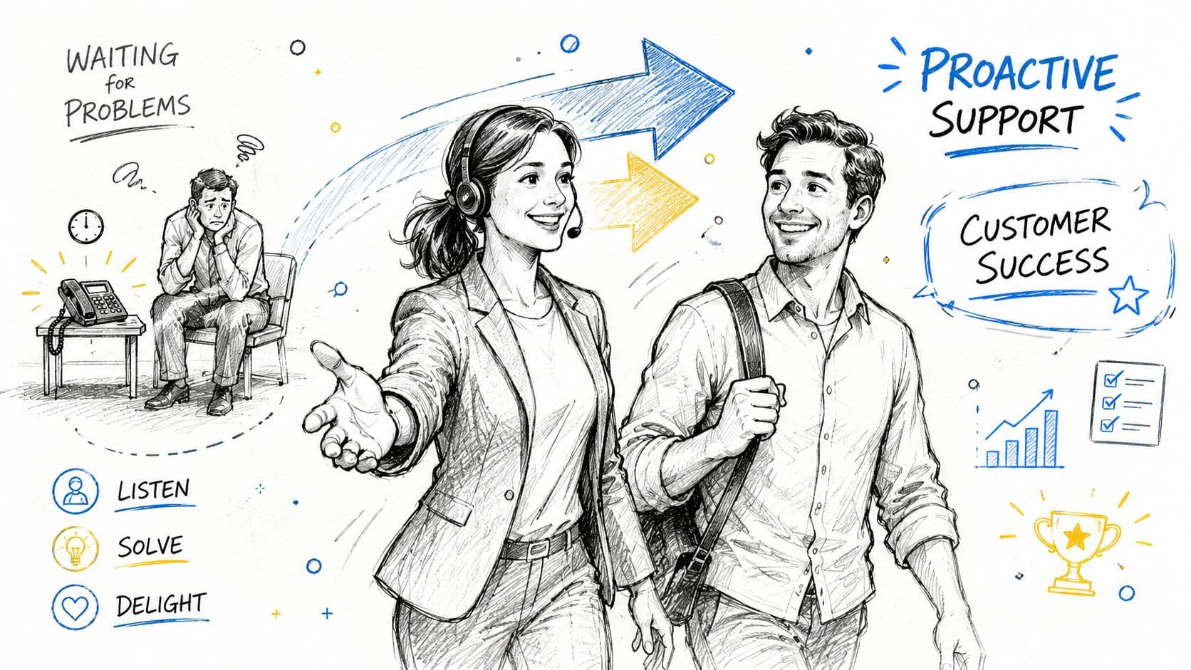 A professional illustration contrasting reactive waiting for problems with proactive customer support and customer success strategies.
