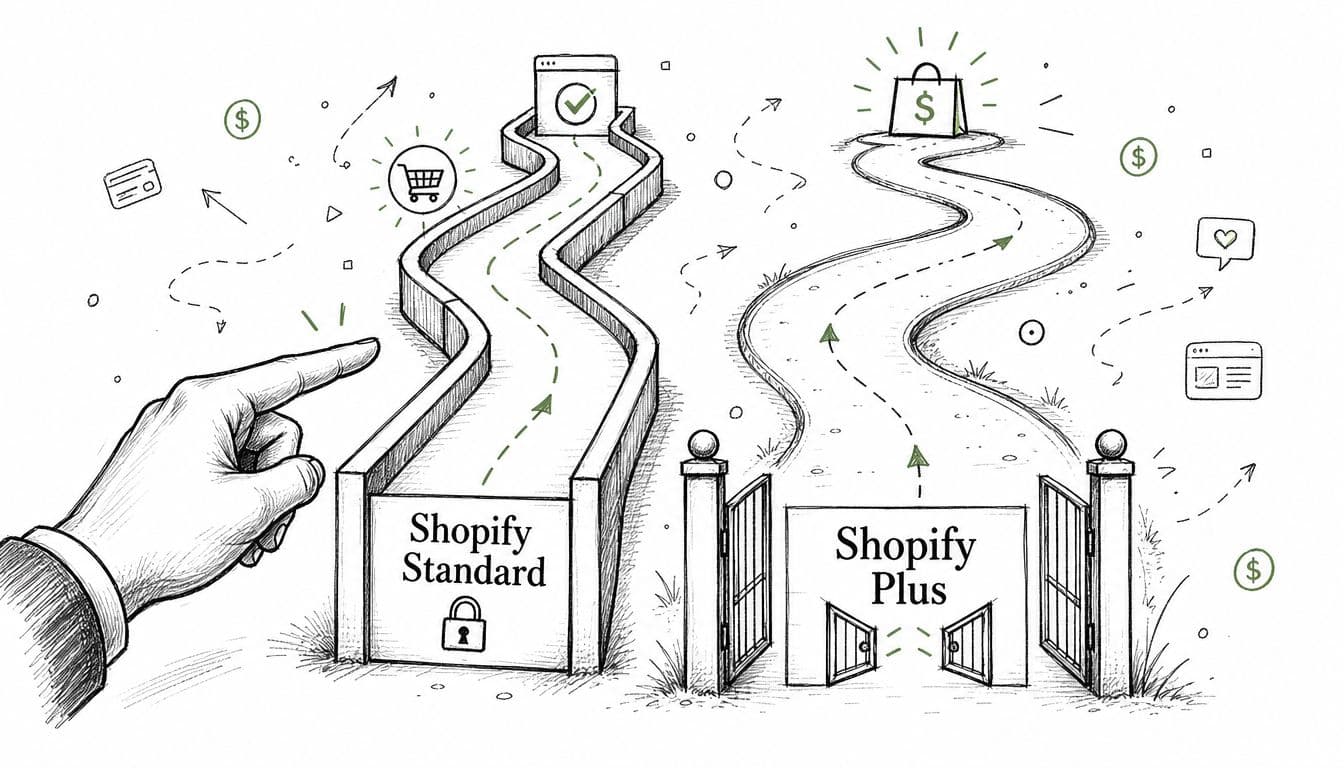 A hand points towards a path labeled Shopify Standard next to an open path for Shopify Plus.