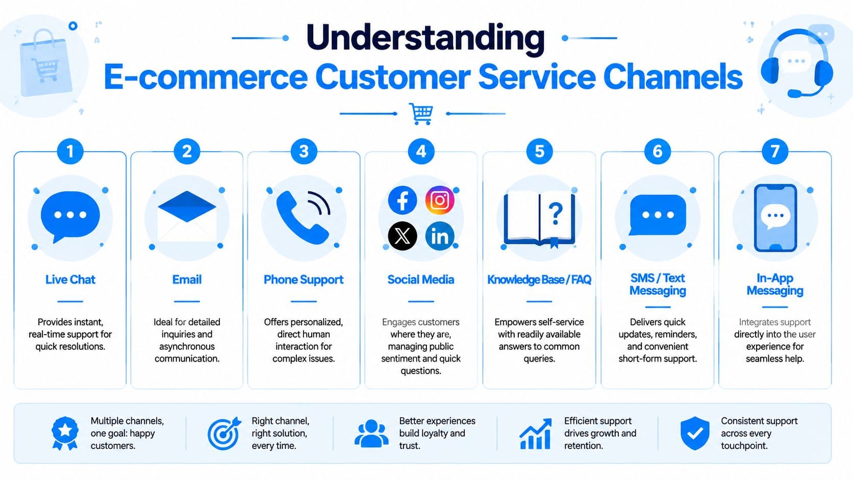 An infographic detailing seven essential e-commerce customer service channels including live chat, email, phone, and social media.