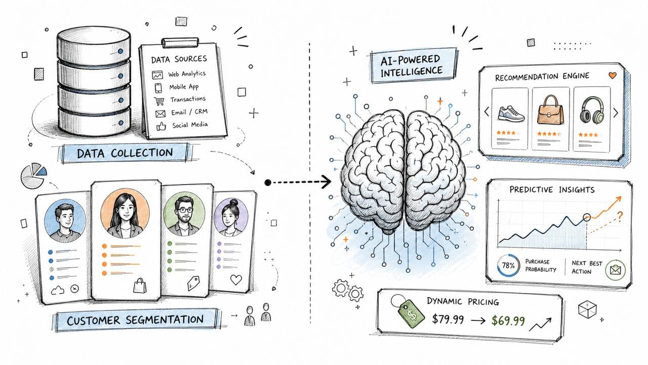 An illustration showing how data collection and customer segmentation feed into AI-powered ecommerce personalization software.