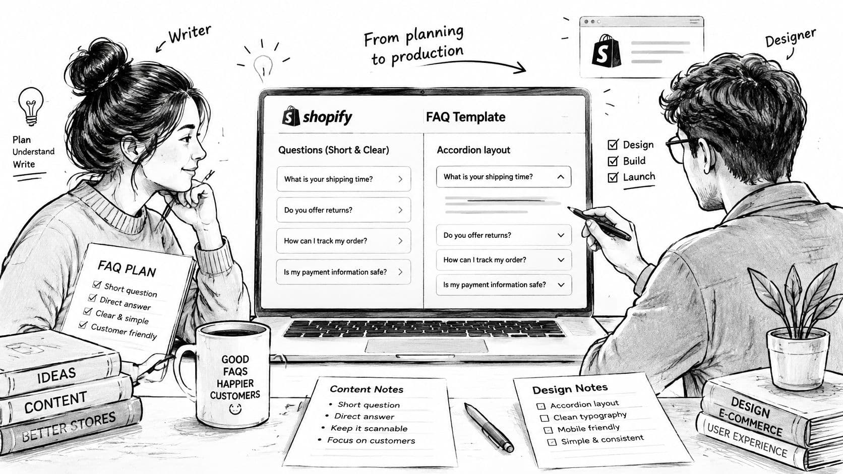 A writer and designer collaborating on a Shopify FAQ template to improve e-commerce customer support experience.