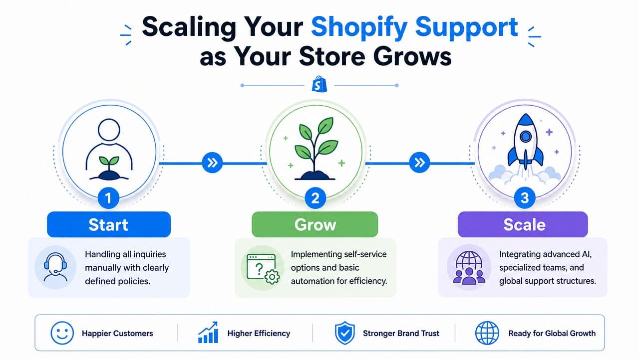 An infographic showing the three stages of scaling Shopify customer service from start to grow to scale.