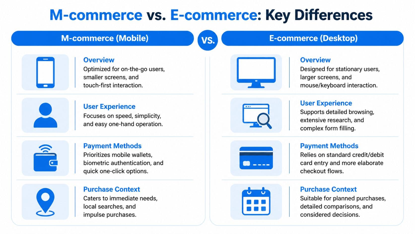 A comparison chart outlining key differences between mobile-based m-commerce and desktop-based e-commerce features and user experiences.