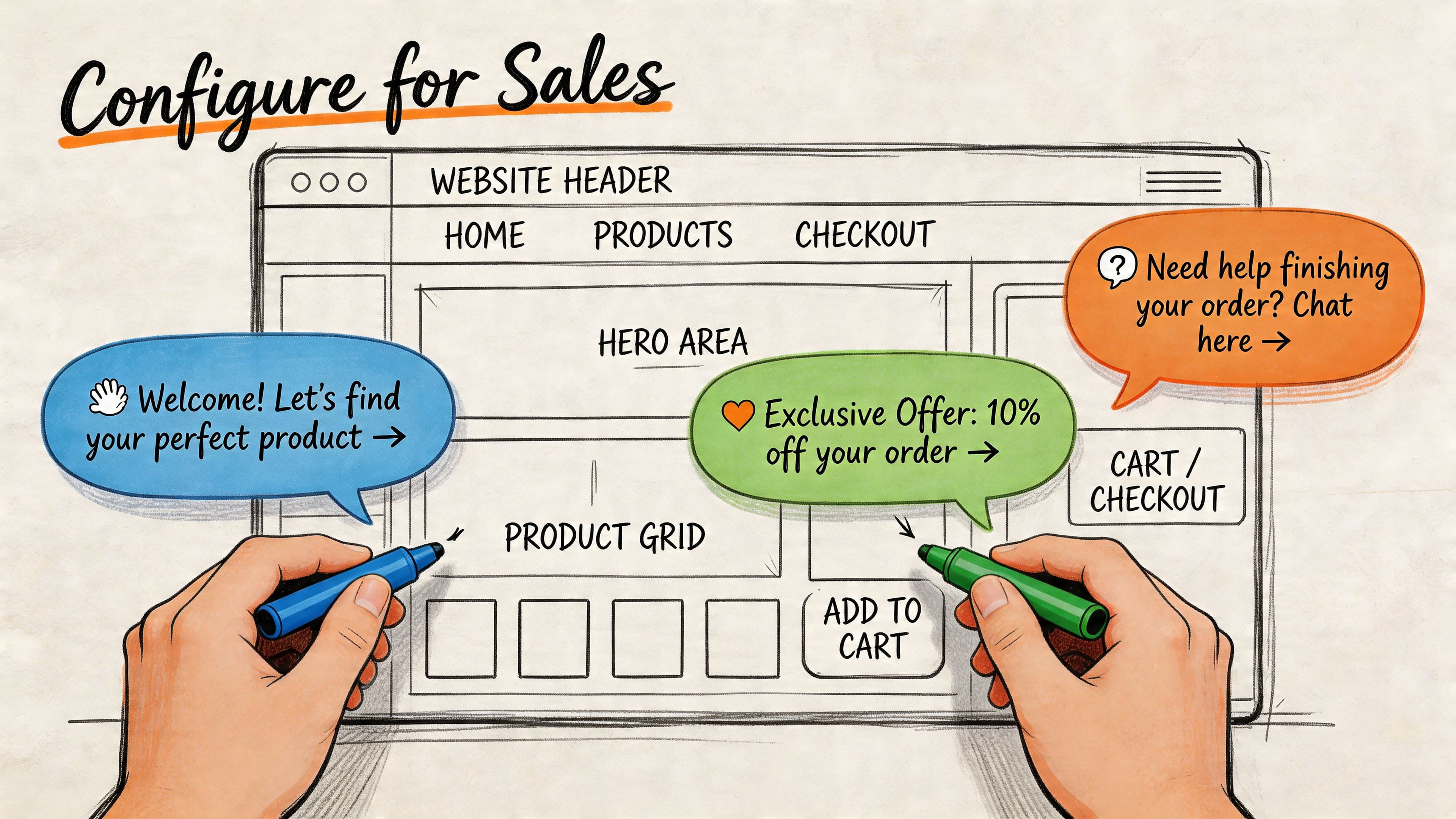 A hand-drawn illustration showing a website layout with chat widgets and marketing offer bubbles for sales.