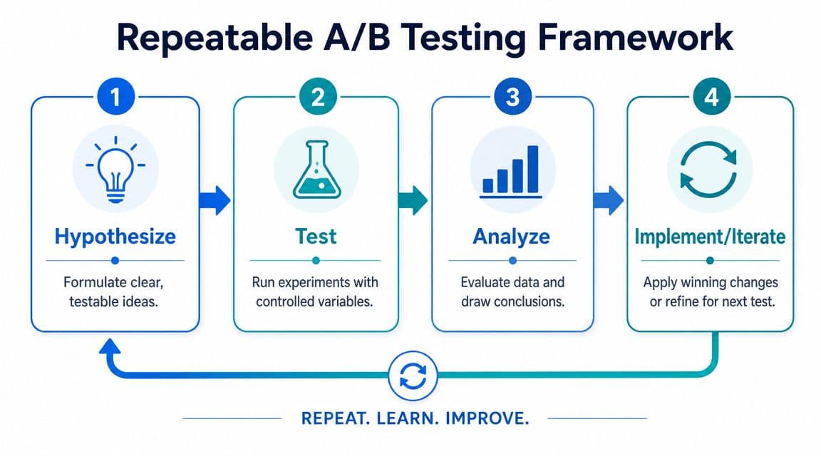 A four-step infographic illustrating a repeatable A/B testing framework for conversion rate optimization and website improvement.