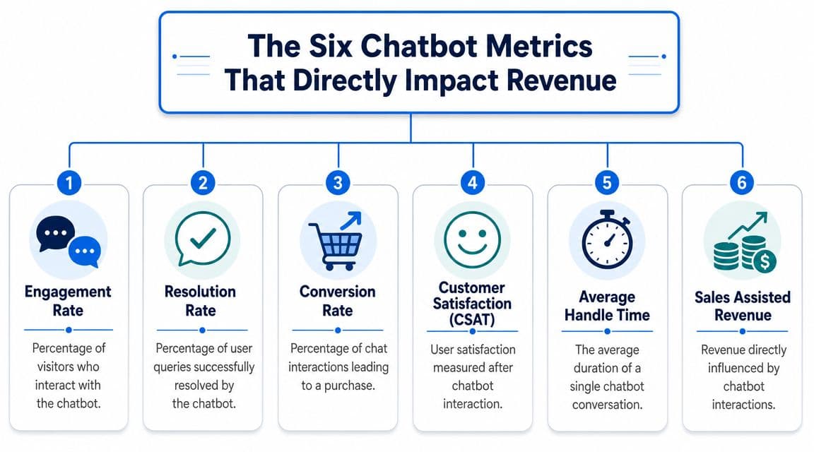 A diagram outlining the six key chatbot metrics that directly impact revenue, including engagement and conversion rates.