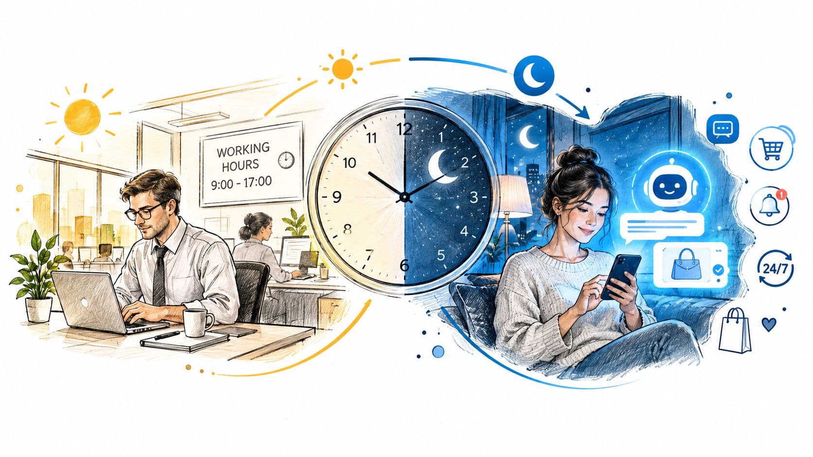 An illustration showing a professional working during business hours and a customer using a chatbot at night.