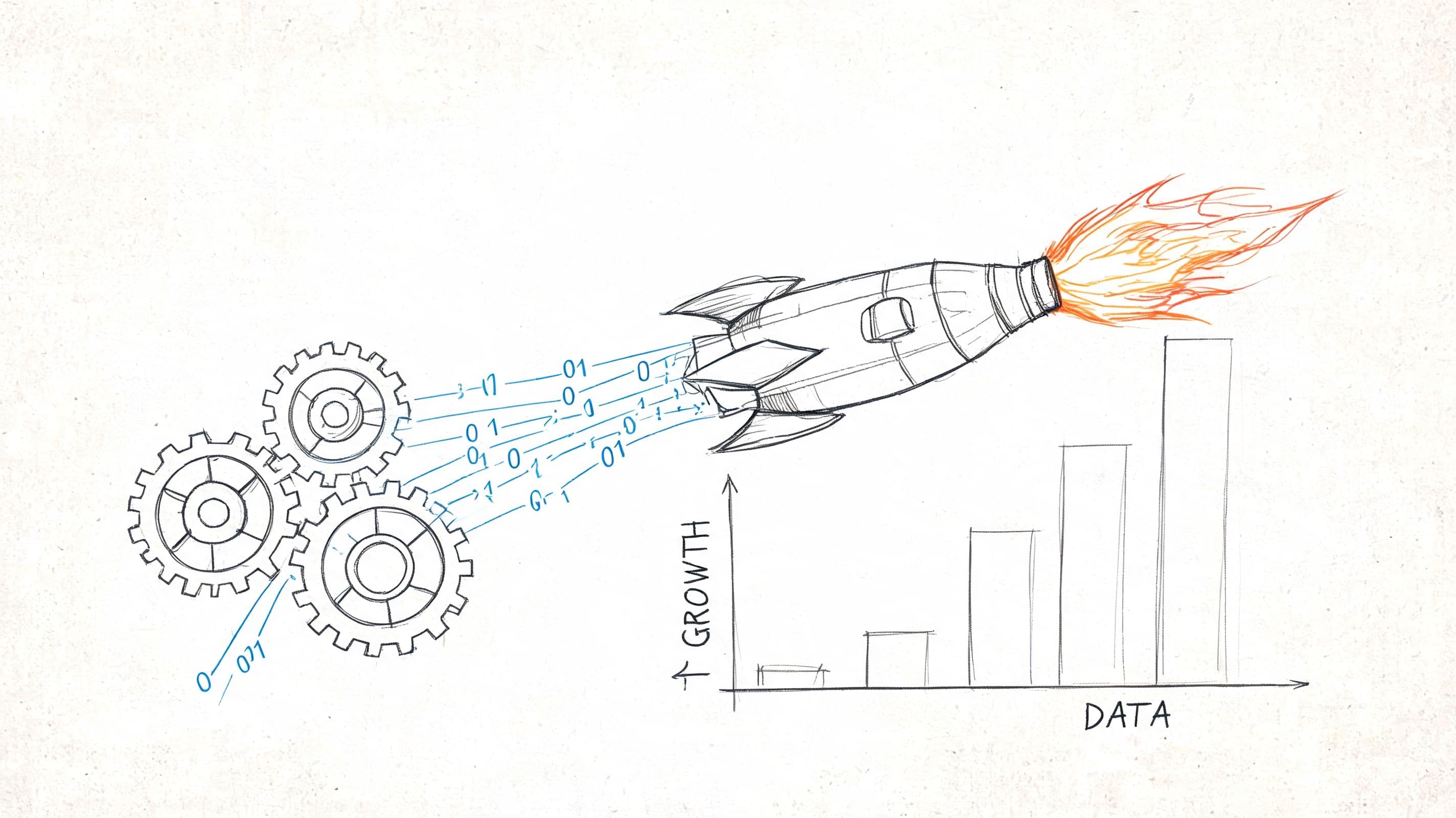 A digital illustration showing gears feeding binary data into a rocket launching upward toward a bar chart.