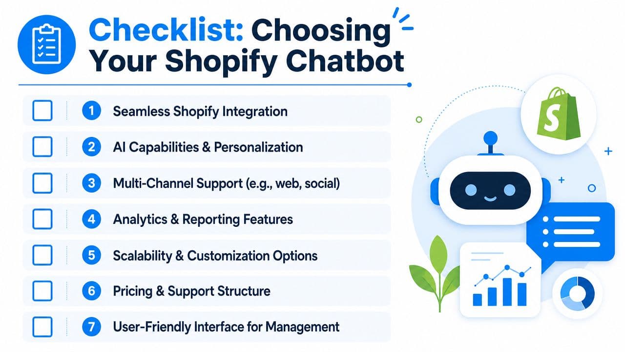 A checklist for choosing a Shopify chatbot featuring seven key criteria for e-commerce store owners to consider.